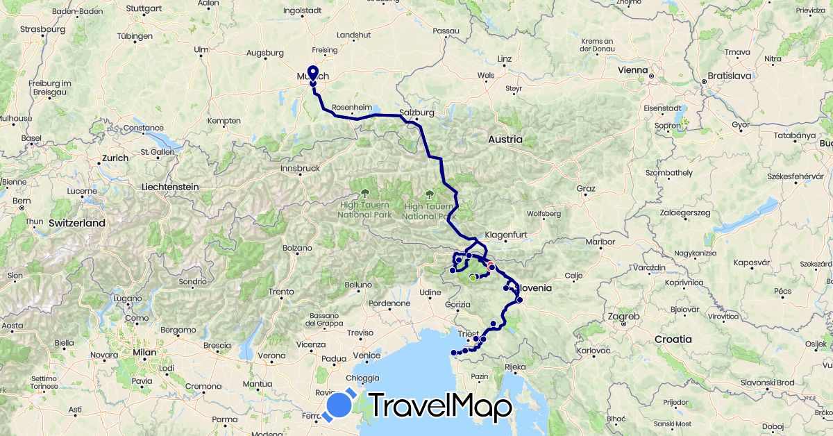 TravelMap itinerary: driving, hiking, electric vehicle in Germany, Slovenia (Europe)