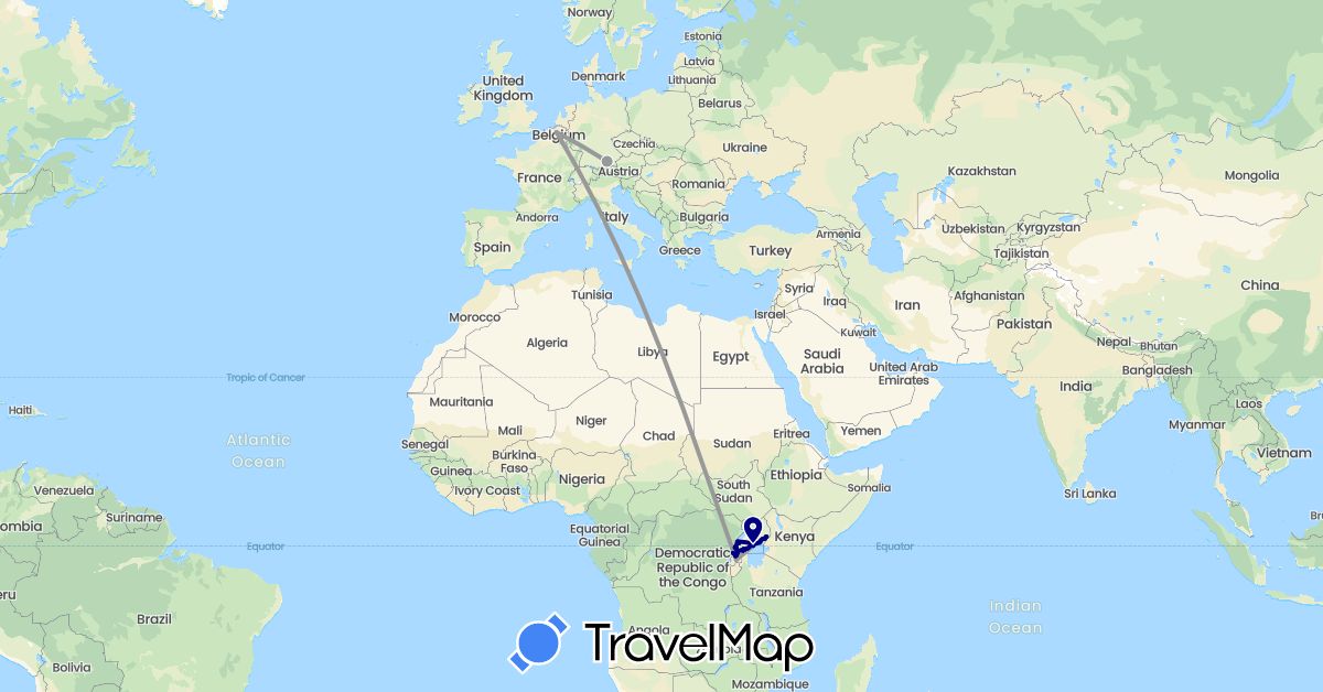 TravelMap itinerary: driving, plane in Belgium, Germany, Rwanda, Uganda (Africa, Europe)