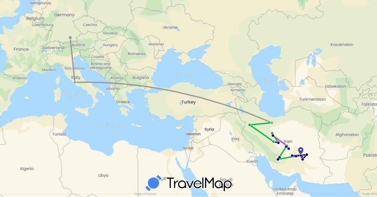 TravelMap itinerary: driving, bus, plane, train in Germany, Iran, Italy (Asia, Europe)